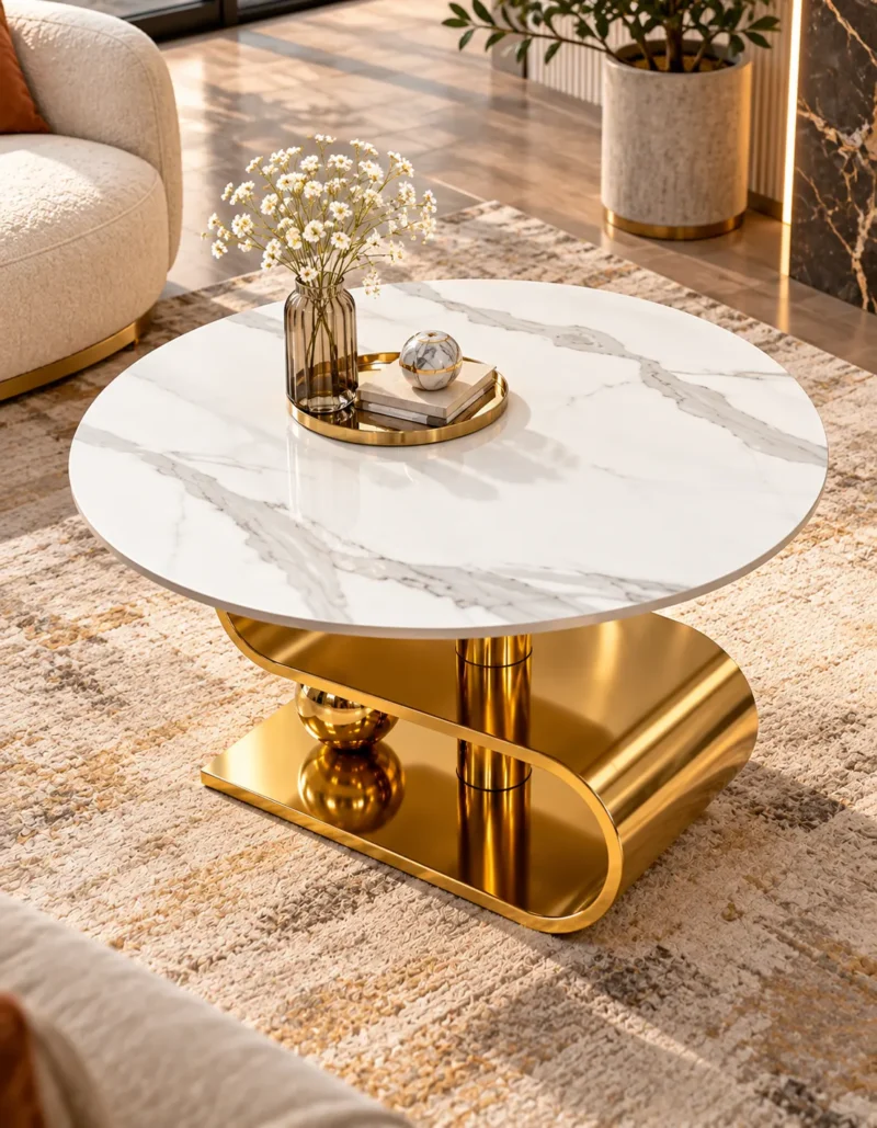 Top-angle view of round white marble coffee table with natural grey veining and decorative gold S-curve base.