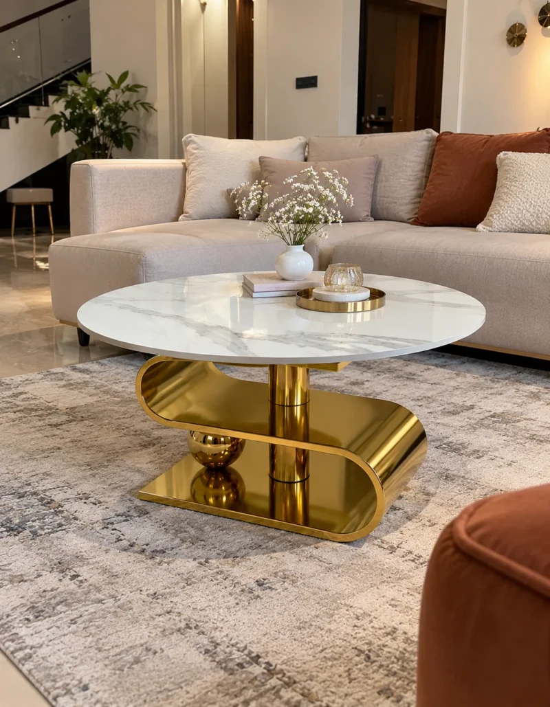 Designer round marble centre table with gold stainless steel curved base displayed in front of a modern beige sectional sofa.