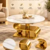 Aureon marble centre table feature image highlighting the marble tabletop, polished gold metal finish and decorative base.