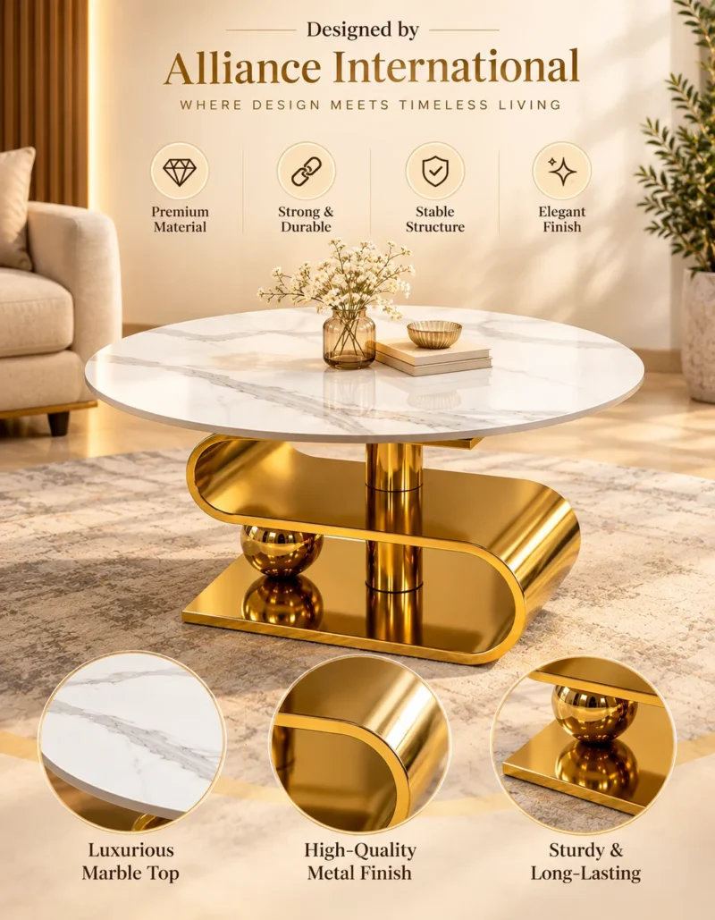 Aureon marble centre table feature image highlighting the marble tabletop, polished gold metal finish and decorative base.