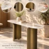 Auresta Luxe oval marble console table infographic highlighting the polished marble top, bronze stainless steel base and curved supports.