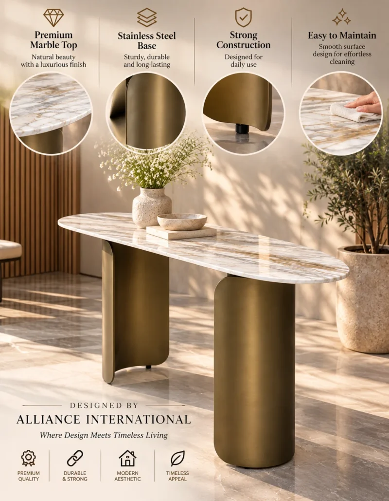 Auresta Luxe oval marble console table infographic highlighting the polished marble top, bronze stainless steel base and curved supports.