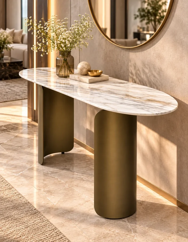 Luxury marble console table with elongated oval top and bronze-gold stainless steel base beneath a round wall mirror.