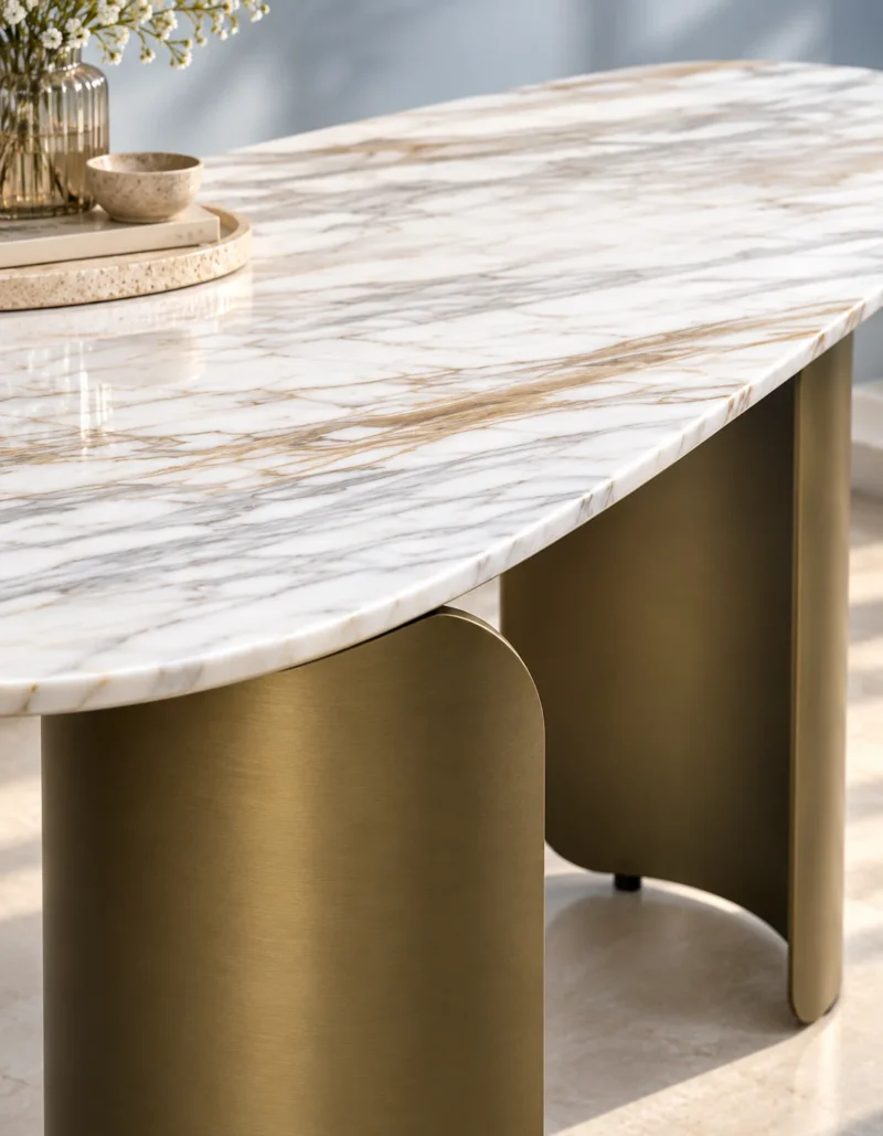 Close-up of white marble console tabletop with grey and gold veining above two curved bronze-gold stainless steel supports.