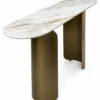 Auresta Luxe oval marble console table on white background with polished veined marble top and two bronze-gold stainless steel curved pedestals.