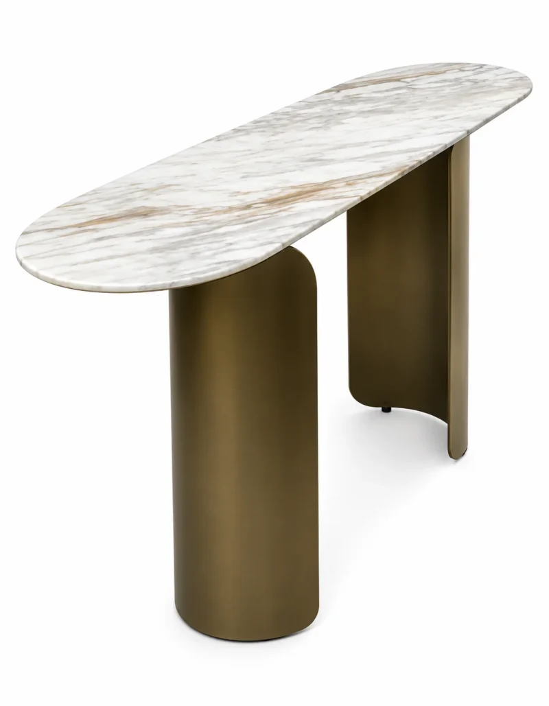 Auresta Luxe oval marble console table on white background with polished veined marble top and two bronze-gold stainless steel curved pedestals.