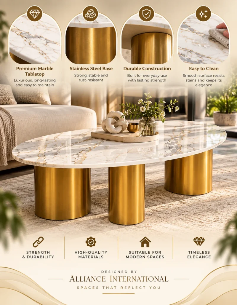 Auresto Luxe oval marble centre table with white veined marble top and three gold stainless steel cylindrical legs in a promotional features graphic.