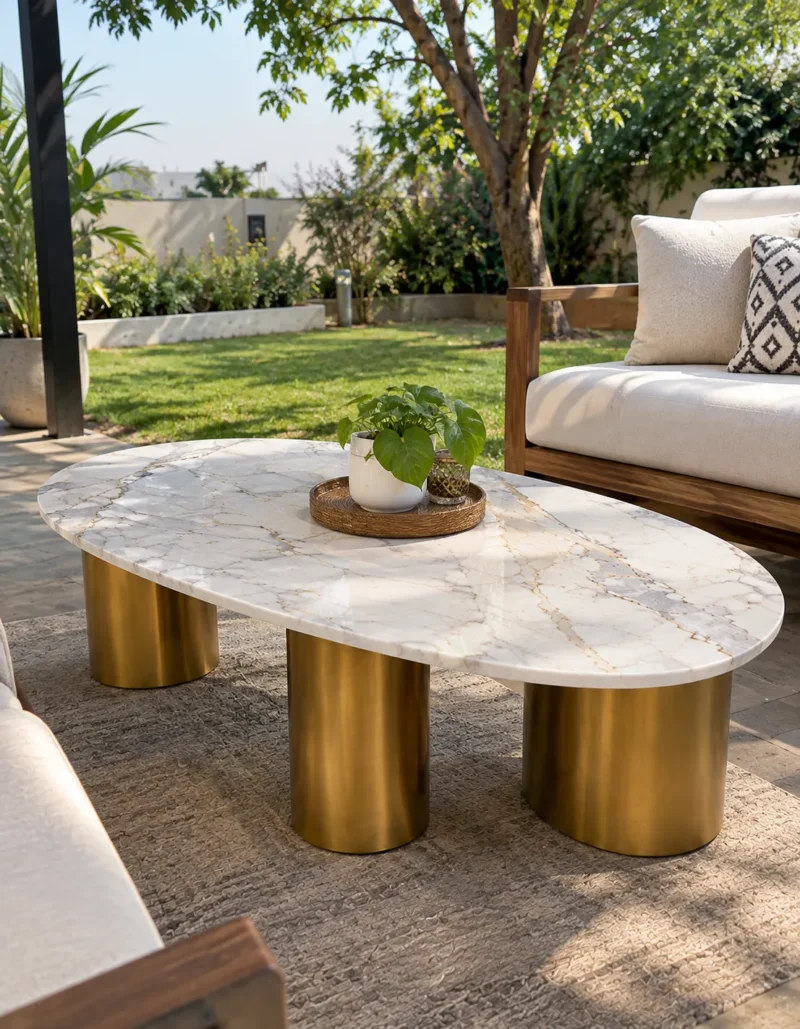 Oval white marble coffee table with three gold stainless steel pedestal legs beside a cushioned sofa on a garden patio.