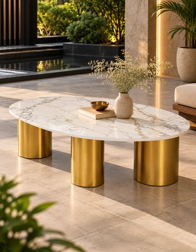 Luxury oval marble centre table with three gold cylindrical legs, styled with a ceramic vase beside a modern outdoor lounge.