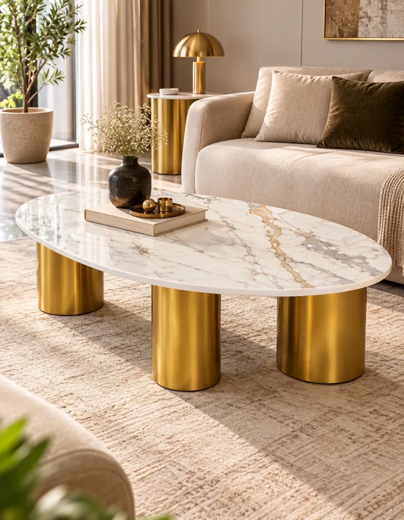 Modern oval white marble coffee table with gold stainless steel cylindrical base in front of a beige upholstered sofa.