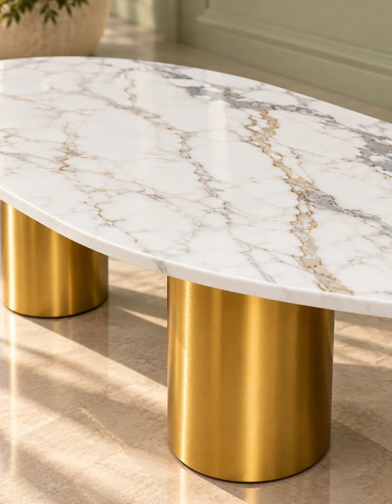 Close-up of white marble centre table showing grey and gold veining, polished oval edge and brushed gold stainless steel cylindrical pedestal.