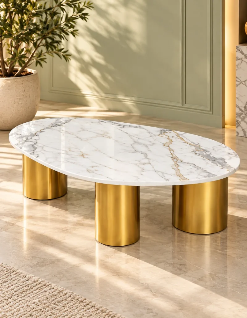 Designer oval white marble centre table with three gold cylindrical stainless steel pedestals in a sunlit minimalist interior.