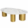 Auresto Luxe oval white marble centre table with grey and gold veining and three gold stainless steel cylindrical legs on a white background.