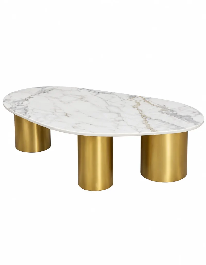 Auresto Luxe oval white marble centre table with grey and gold veining and three gold stainless steel cylindrical legs on a white background.