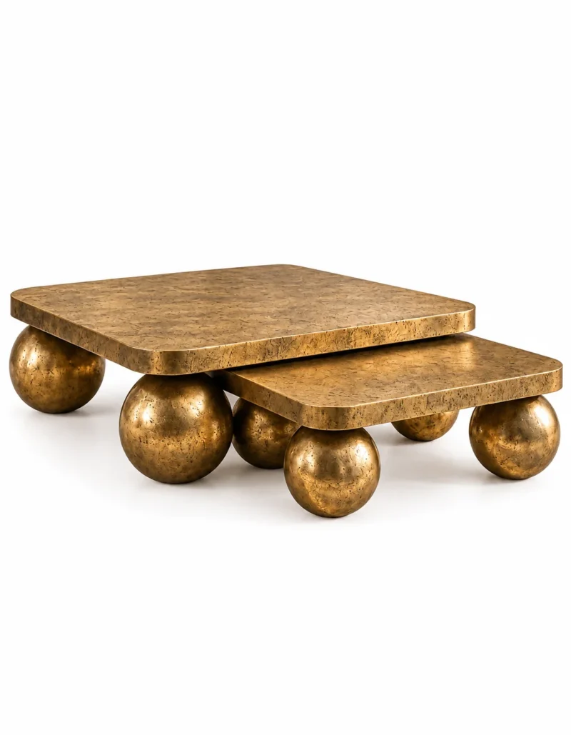 Aurevia Luxe gold sphere nesting centre table set of two with rounded square marble tops and antique-gold spherical stainless steel supports.