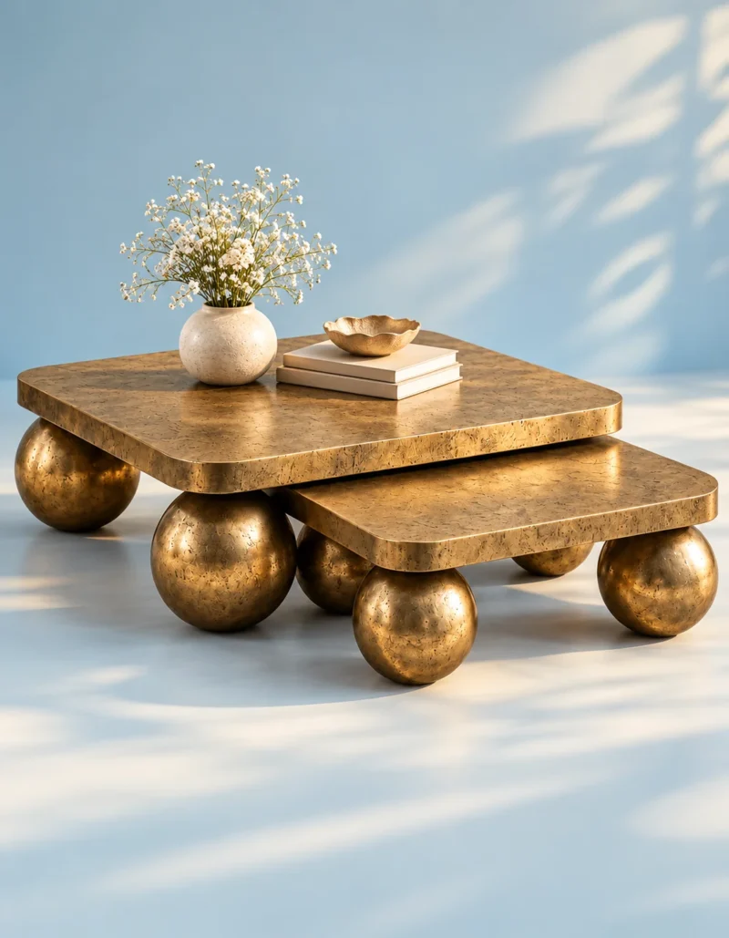 Luxury gold nesting coffee table set with rounded square tabletops and spherical legs styled against a pale blue studio background.