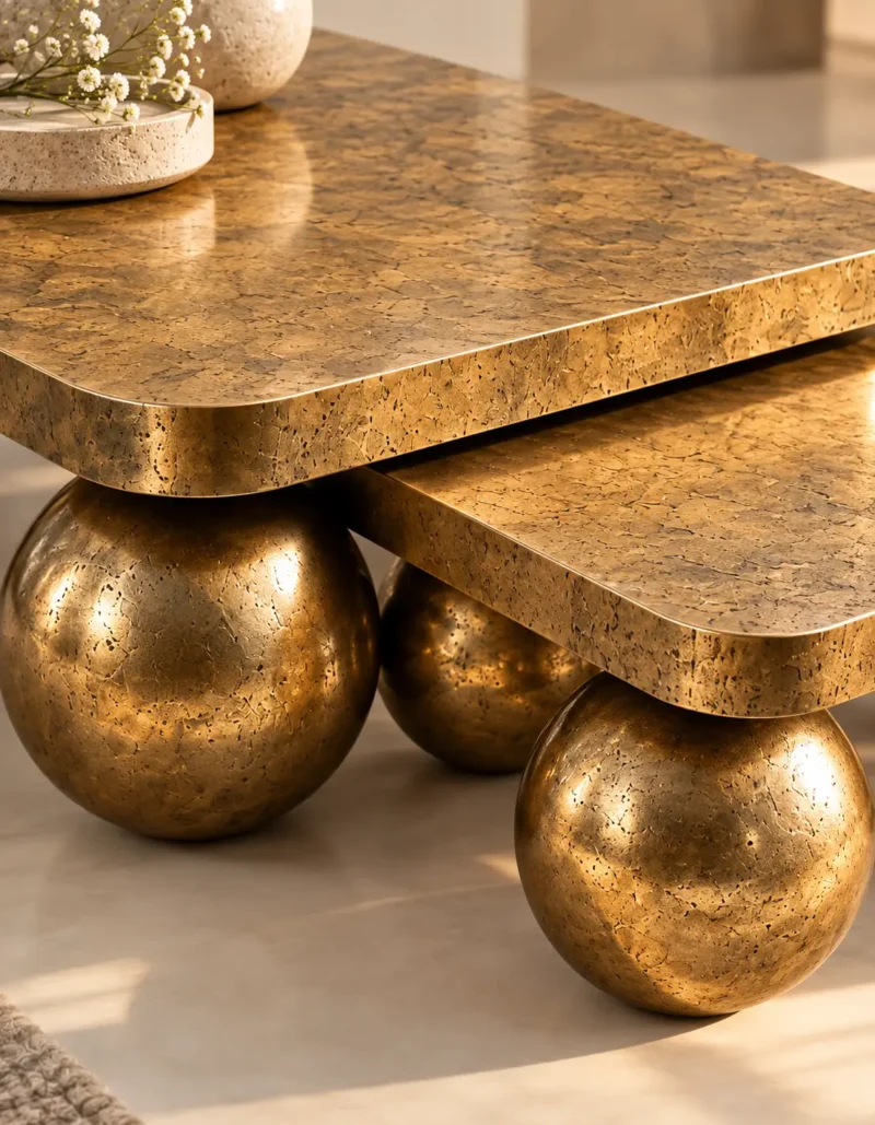 Close-up of antique-gold marble nesting centre table tops with rounded edges and textured gold stainless steel sphere legs.