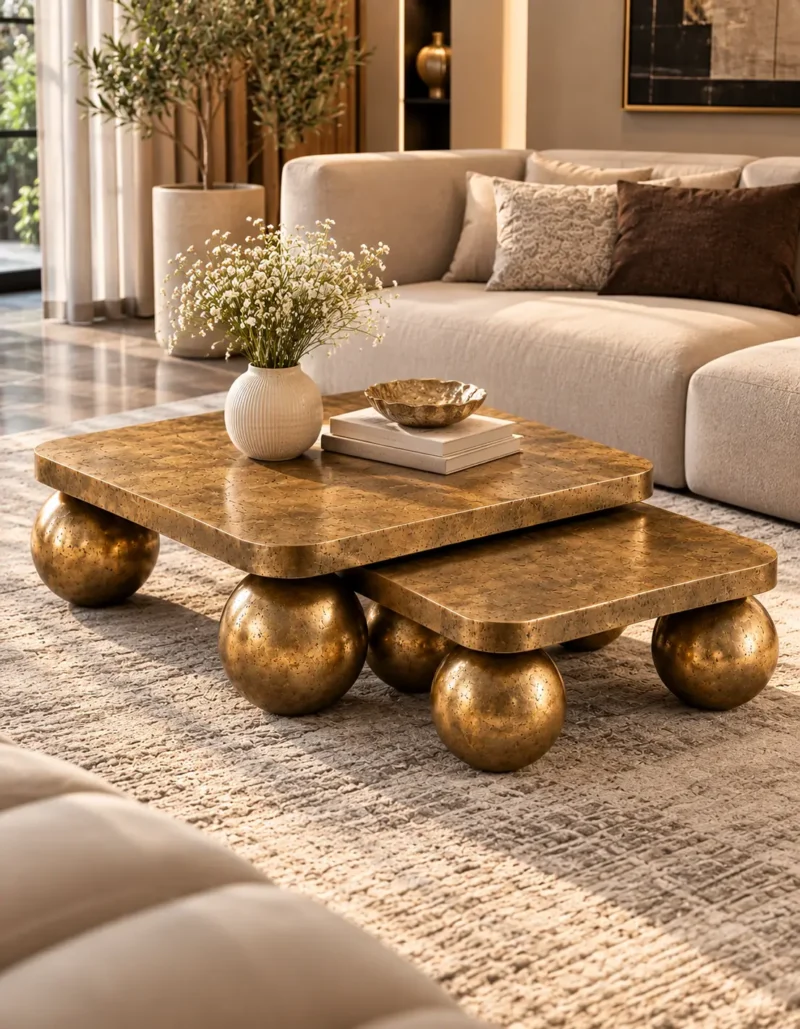 Designer gold sphere nesting centre table set styled with a flower vase and decorative books in front of a cream living room sofa.