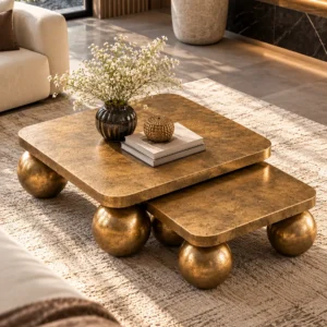 Elevated view of two square antique-gold nesting centre tables with rounded corners and stainless steel ball-shaped supports.