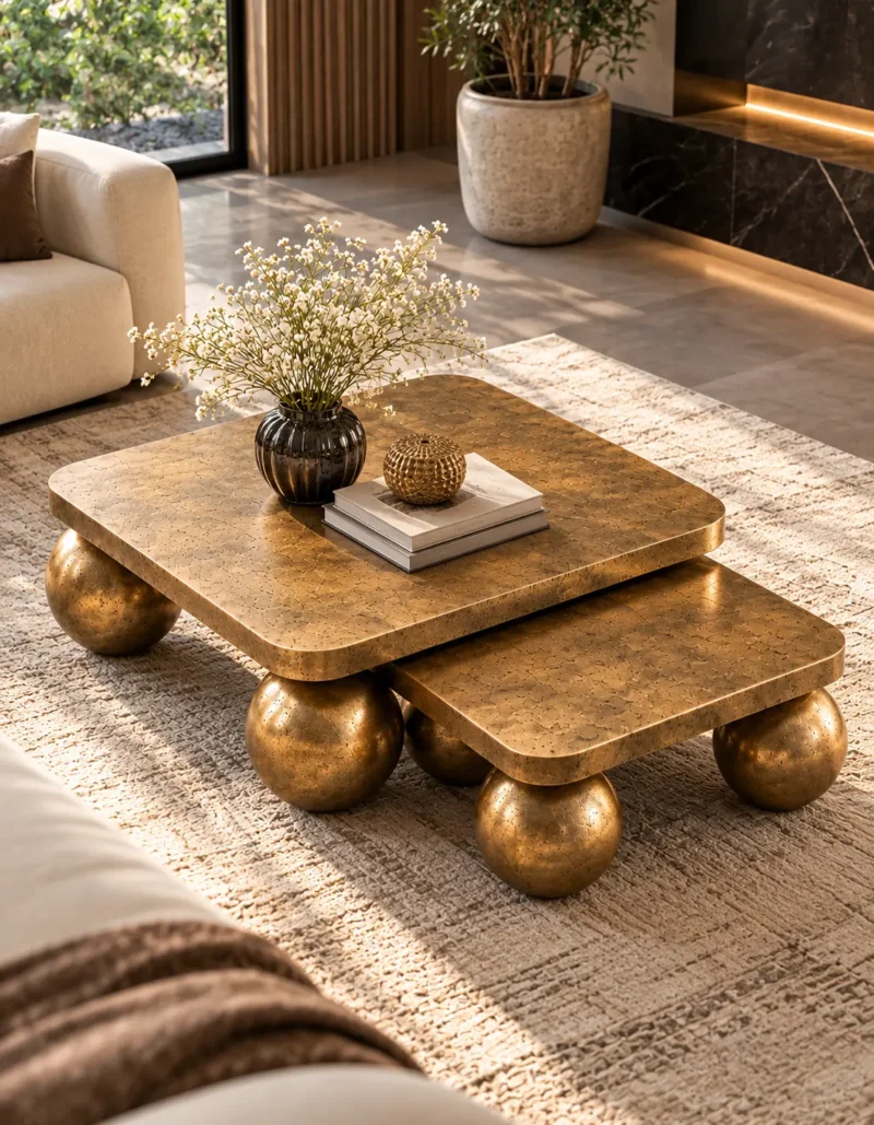 Elevated view of two square antique-gold nesting centre tables with rounded corners and stainless steel ball-shaped supports.