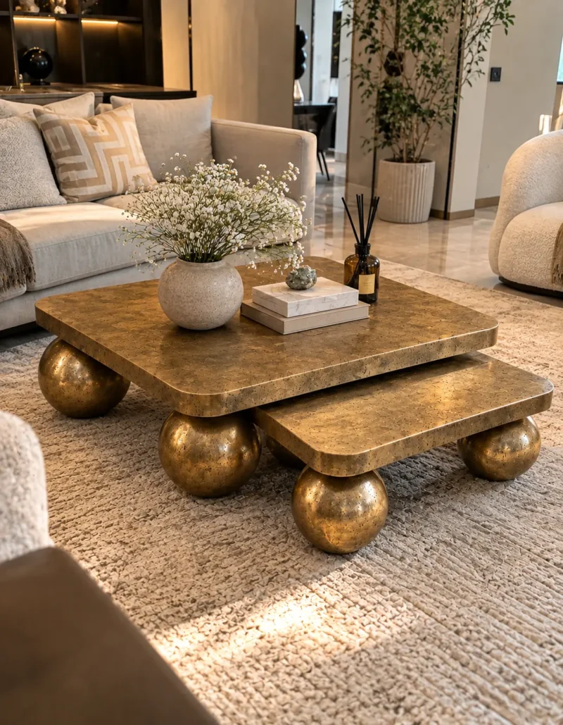 Gold marble coffee table set of two with spherical stainless steel legs in a luxury lounge with beige sofa and accent chair.