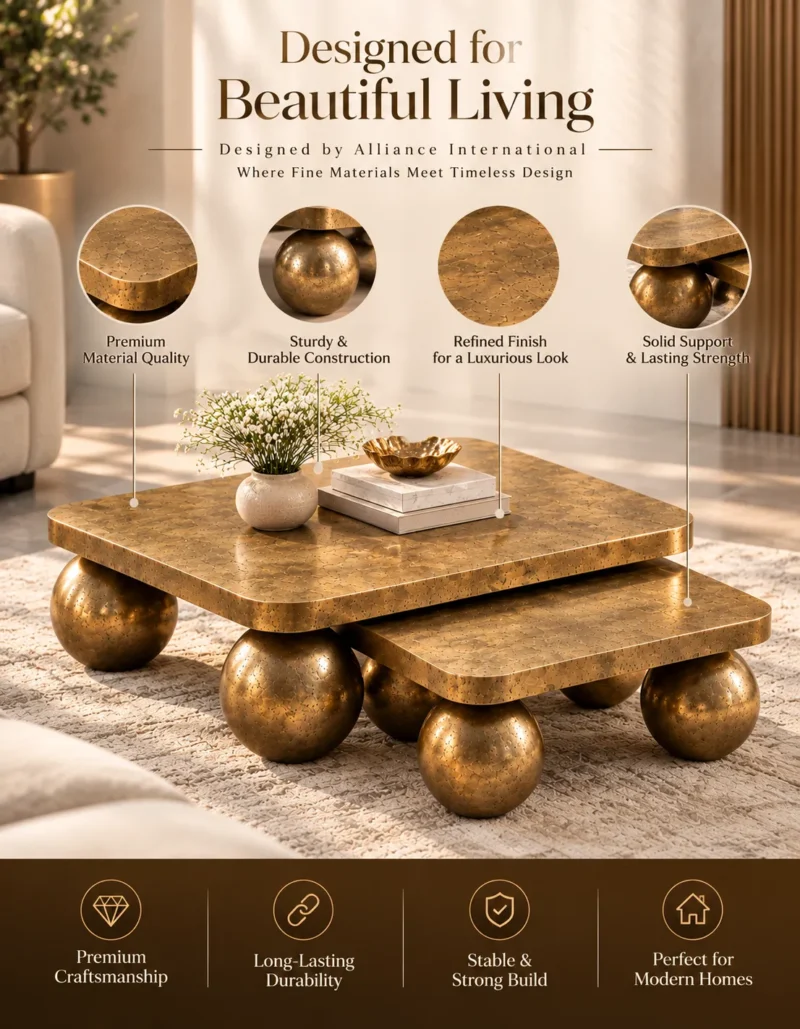 Aurevia Luxe gold sphere centre table promotional graphic highlighting premium materials, textured finish, spherical supports and durable construction.
