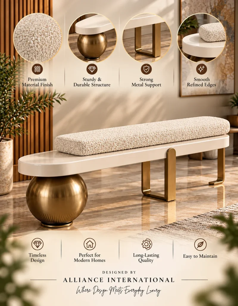 Aurevia Luxe ivory bouclé bench with spherical base, geometric stainless steel supports and textured cylindrical cushion.