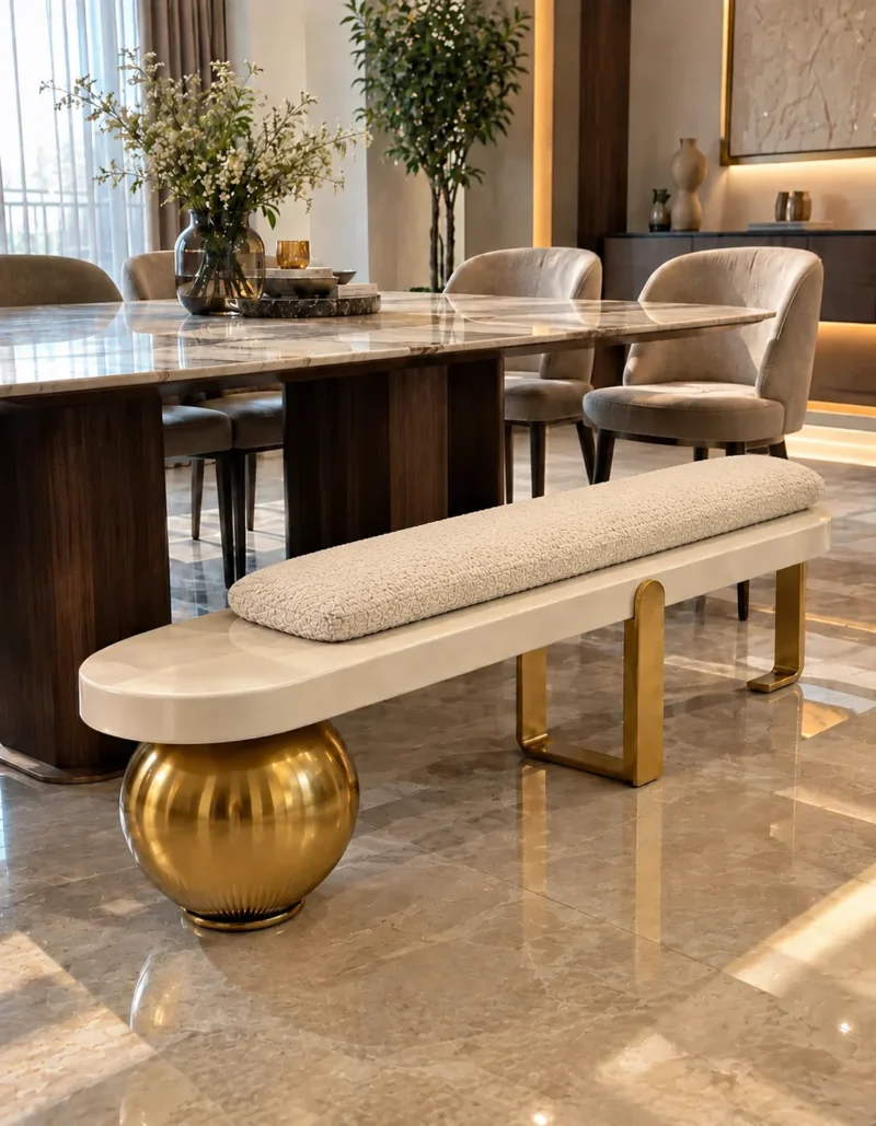 Luxury ivory bouclé upholstered bench with gold sphere and stainless steel legs positioned beside a marble dining table.