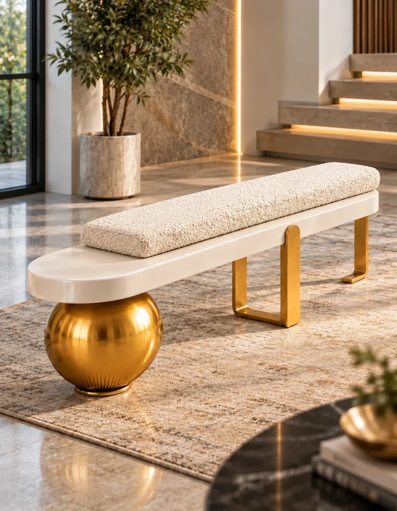 Designer bouclé bench with ivory cylindrical cushion and sculptural gold stainless steel base near a modern staircase.