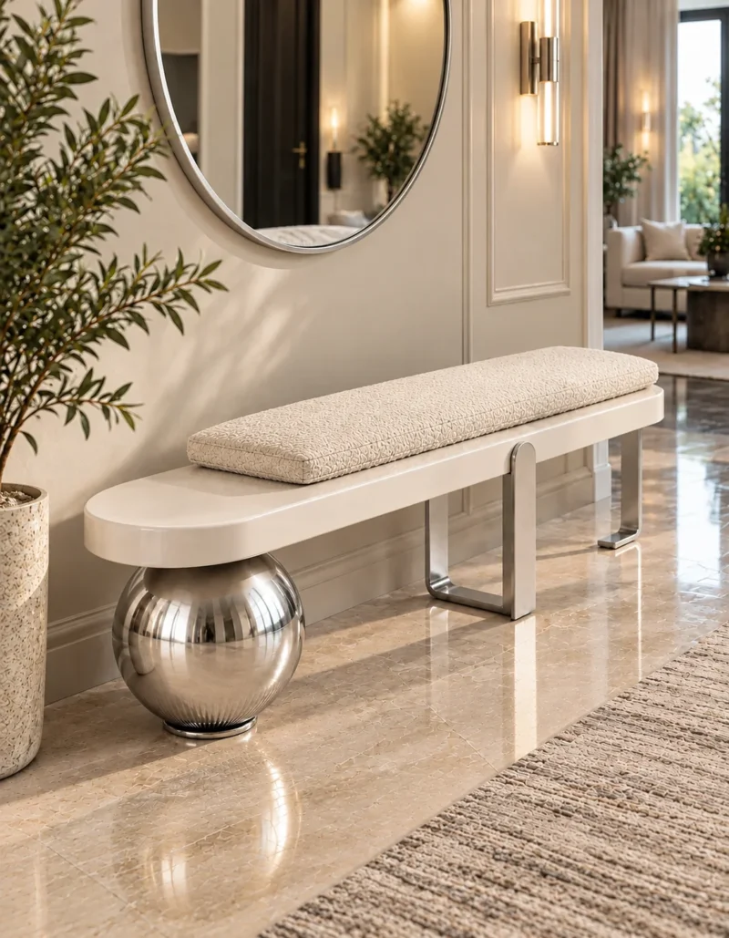 Ivory bouclé entryway bench with chrome spherical pedestal and modern metal legs beneath a round wall mirror.