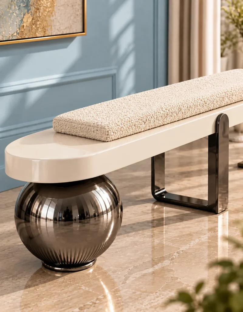 Close-up of textured ivory bouclé bolster cushion, rounded cream bench platform and polished black spherical support.