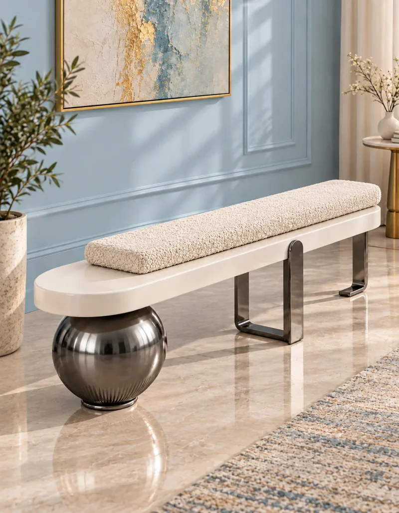 Luxury upholstered bouclé bench with ivory cylindrical cushion and gun metal stainless steel supports against a pale blue wall.