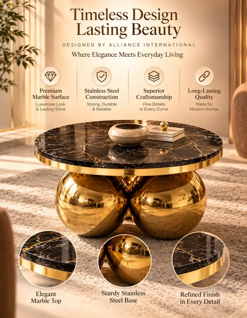 Aurevian round black marble centre table with gold stainless steel sphere base and premium marble surface.