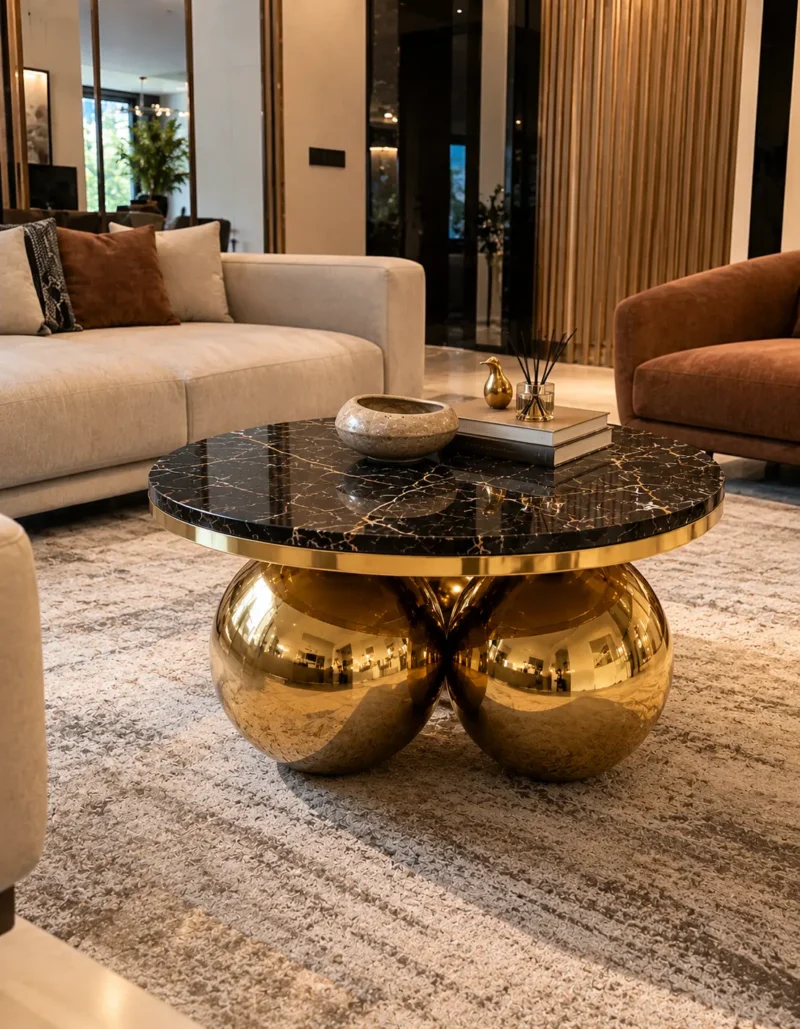 Round black marble centre table with polished gold sphere base between cream and brown sofas in a luxury living room.