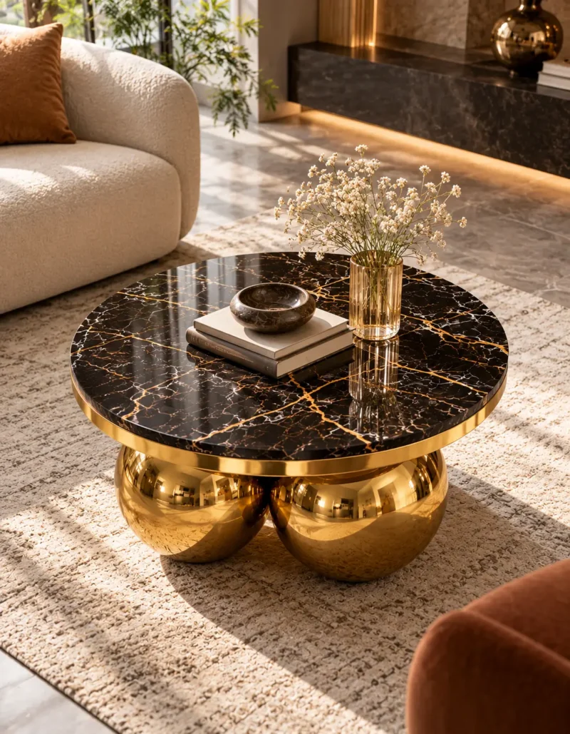 Elevated view of a round black marble coffee table with gold veining and polished gold stainless steel sphere supports.