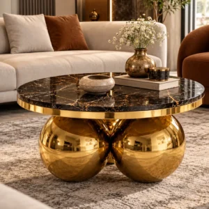 Luxury round centre table with black marble top and gold sphere base positioned in front of a beige sofa.