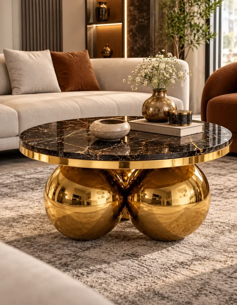Luxury round centre table with black marble top and gold sphere base positioned in front of a beige sofa.