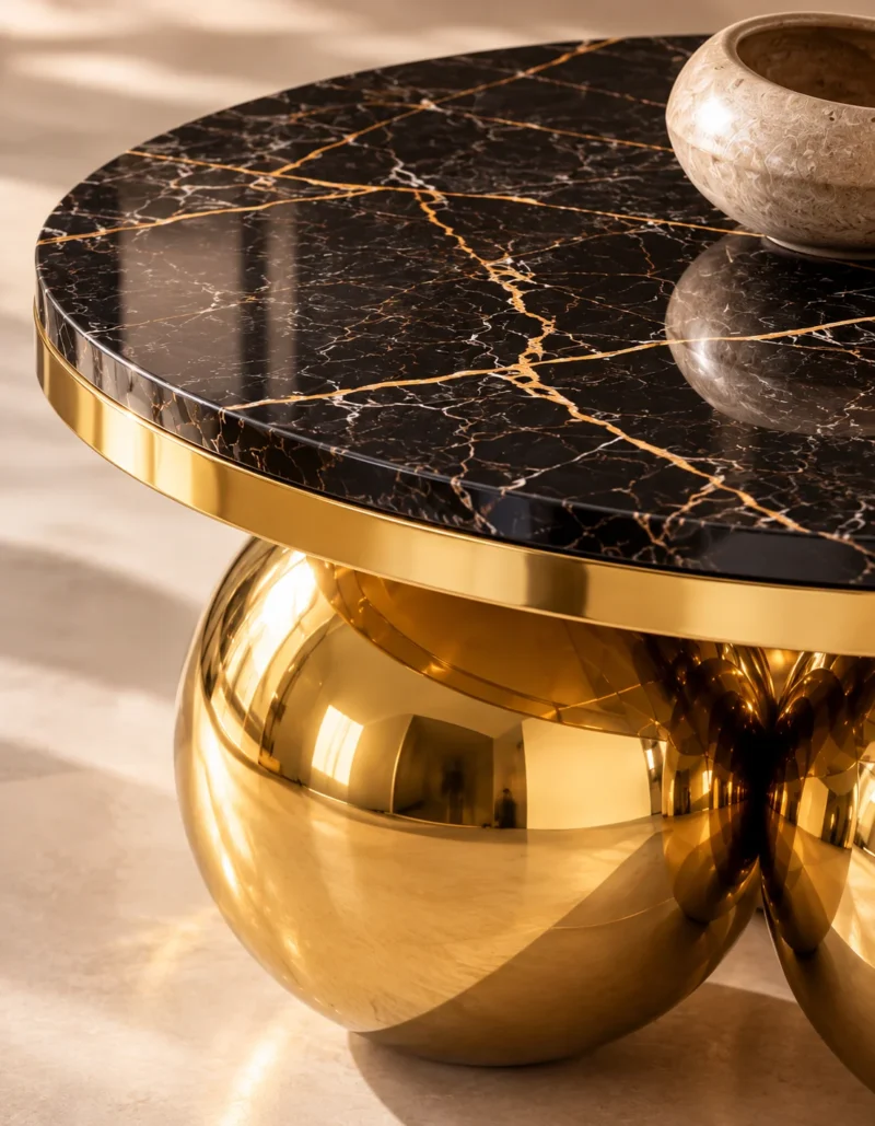 Close-up of black marble tabletop with gold veining, polished gold metal edge and reflective stainless steel sphere base.