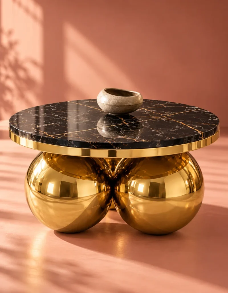 Round black marble centre table with gold sphere base photographed against a warm terracotta studio background.