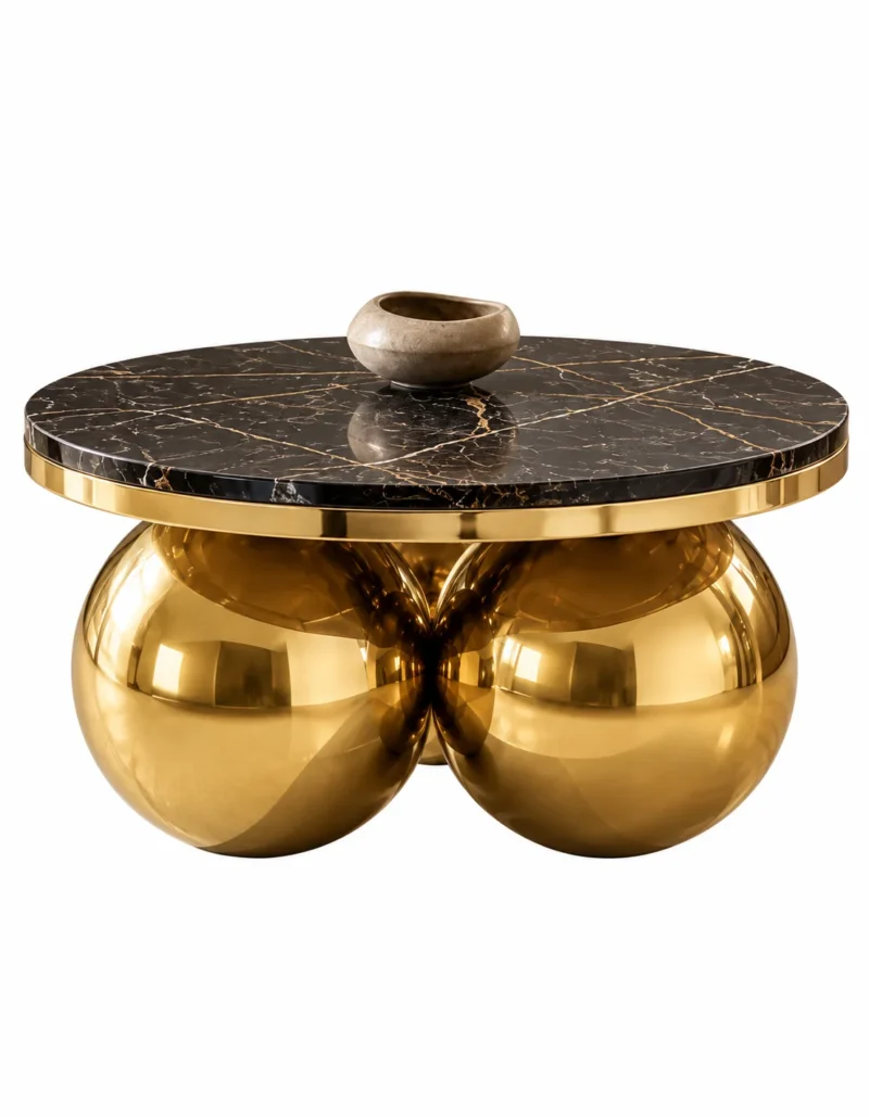 Aurevian luxury round black marble centre table with polished gold stainless steel spherical base on white background.