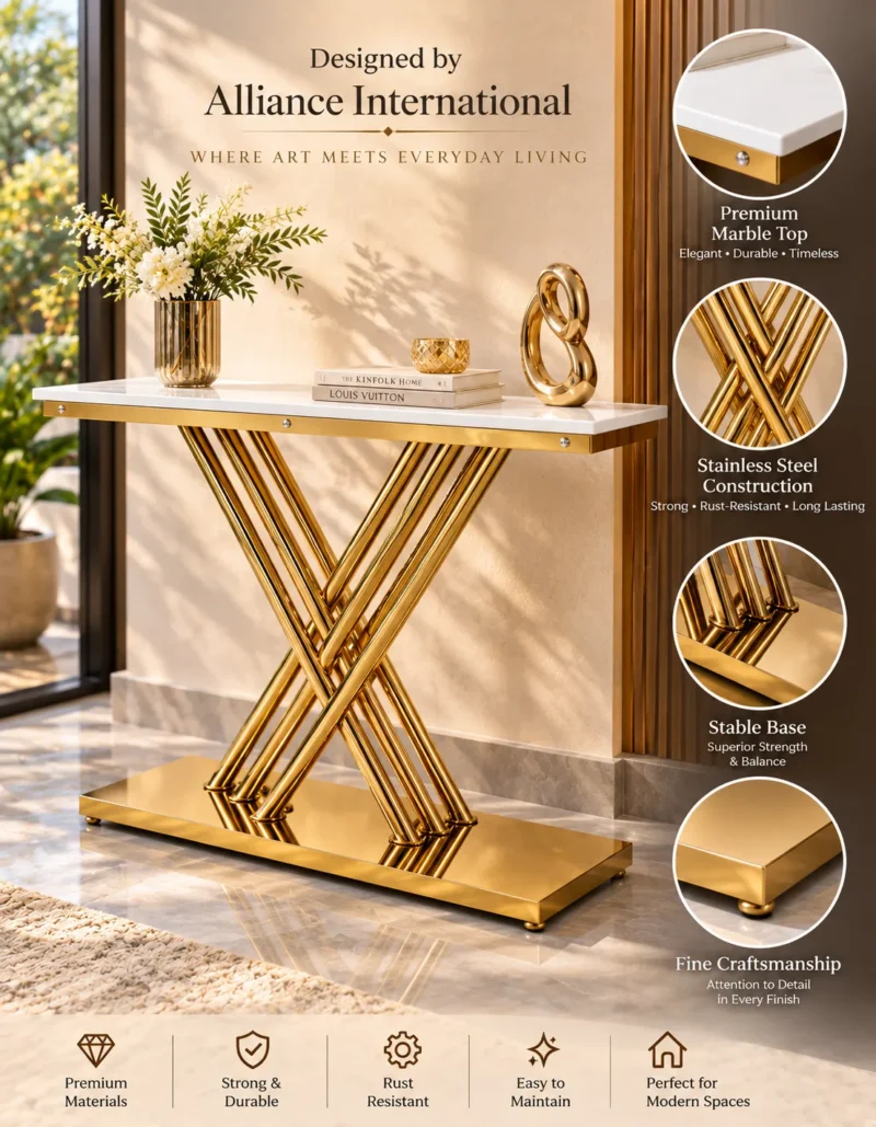 Aurexis Luxe gold stainless steel console table with white marble top, intersecting X-shaped rods and product feature callouts.