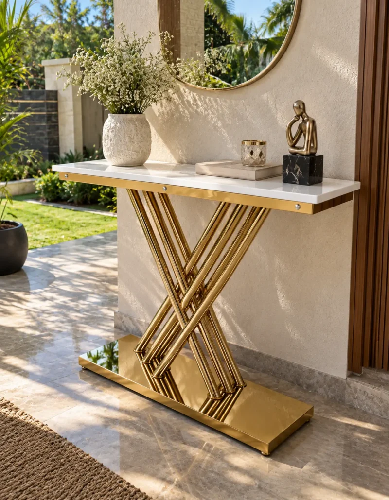 Luxury white marble console table with intersecting gold stainless steel X base styled with flowers beneath a round mirror beside a garden.