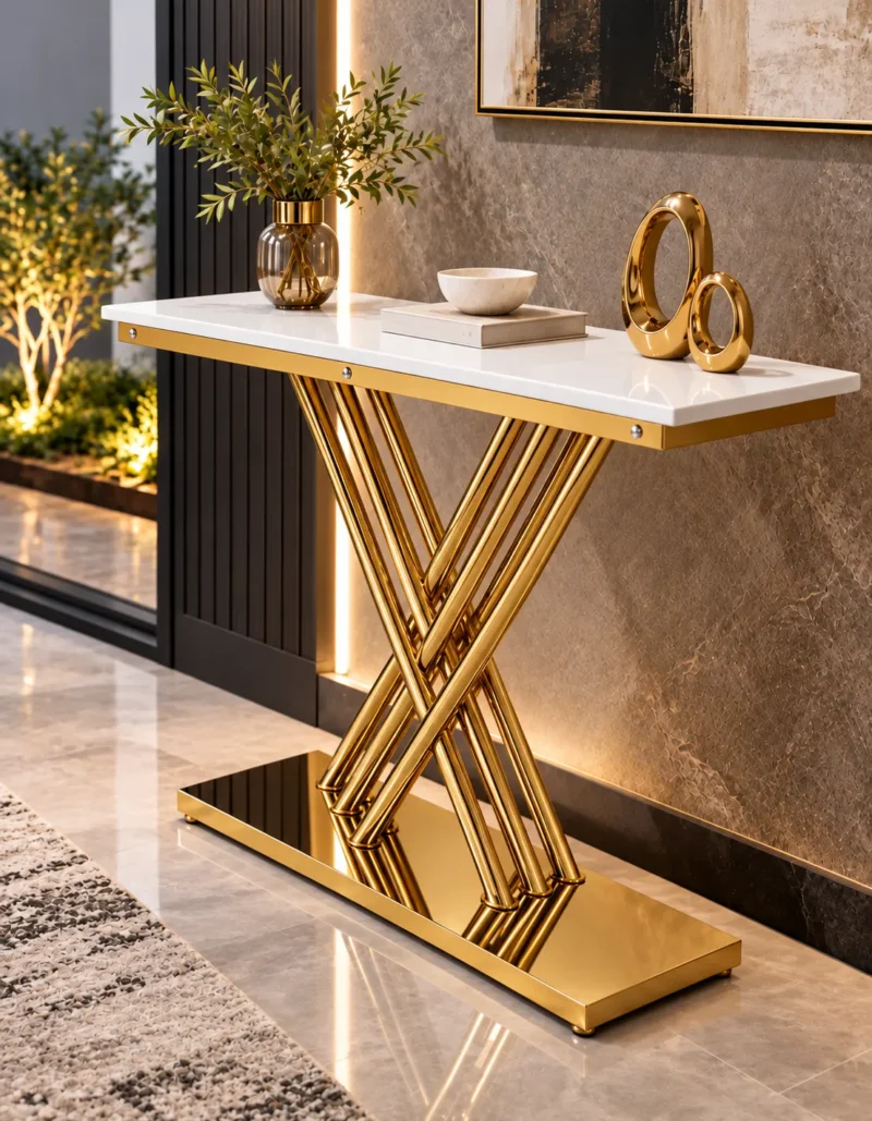 Designer gold X-base console table with rectangular white marble top and polished stainless steel rods in a modern foyer.