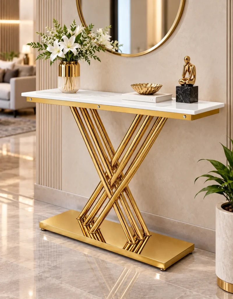 Gold stainless steel console table with white marble top, geometric crossed rod base and decorative vase beneath a circular mirror in a luxury living room.