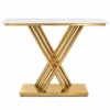 Front view of Aurexis Luxe gold stainless steel console table with rectangular white marble top and intersecting X-shaped metal rods on a white background.