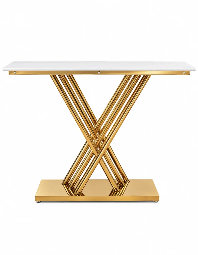 Front view of Aurexis Luxe gold stainless steel console table with rectangular white marble top and intersecting X-shaped metal rods on a white background.