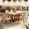 Aurovia Luxe rose gold marble dining table set with six cream upholstered chairs and product feature highlights.