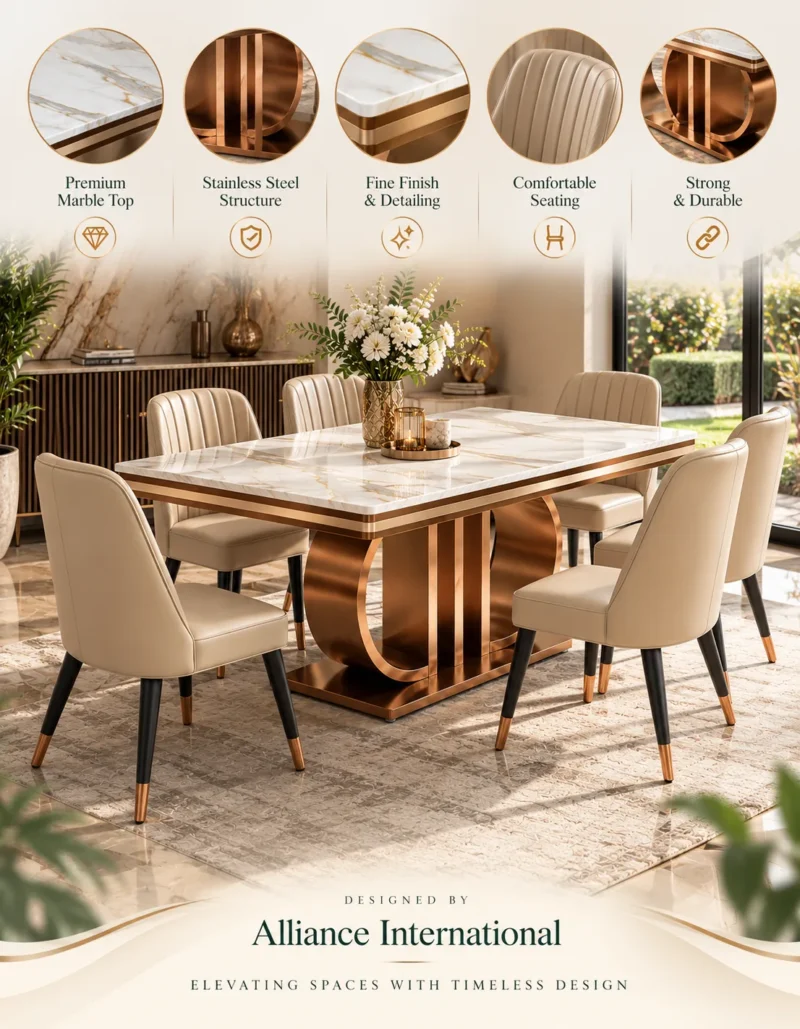Aurovia Luxe rose gold marble dining table set with six cream upholstered chairs and product feature highlights.