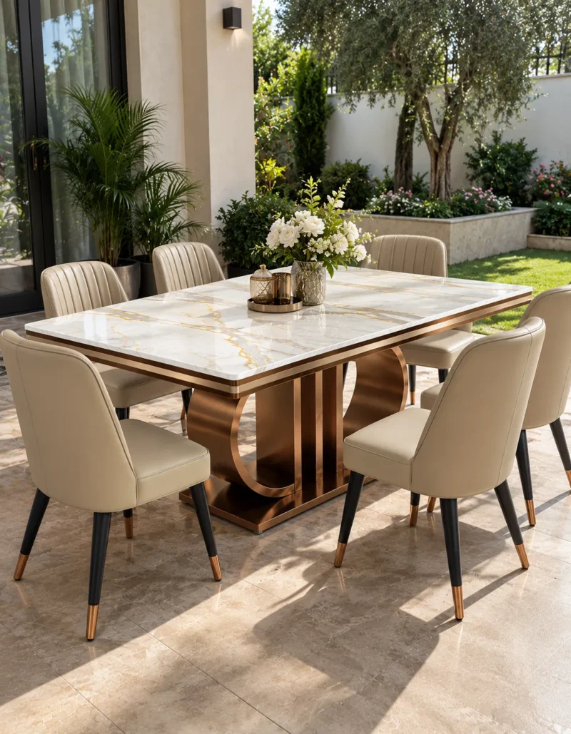Luxury rectangular marble dining table with rose-gold loop pedestal and six cream chairs beside a garden-facing glass doorway.