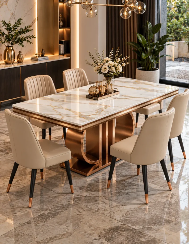 Designer six-seater marble dining table with rose-gold curved stainless steel base and cream chairs in a luxury dining room.